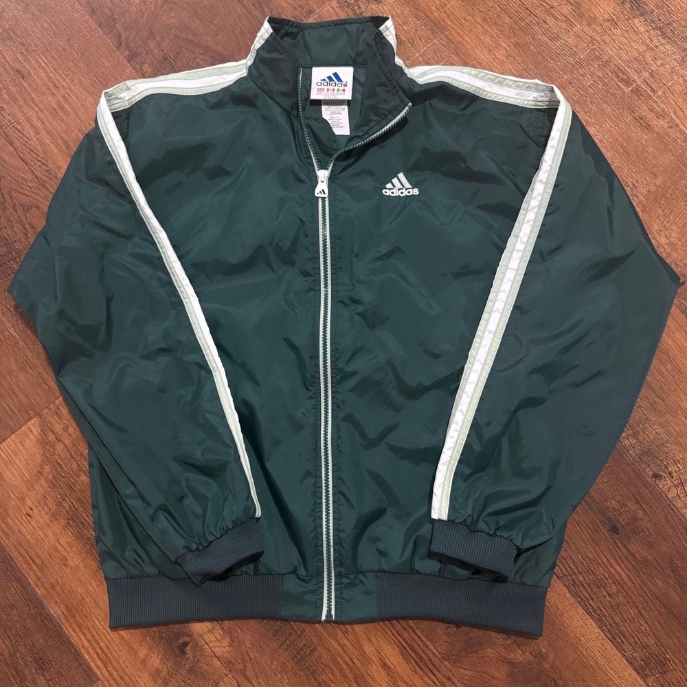 Vintage Adidas Windbreaker Jacket Forest Green White Stripe Mens Large Track Top